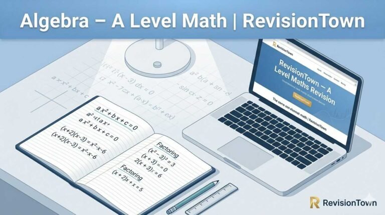 Algebra A Level Maths revision notes and website on a study desk for RevisionTown
