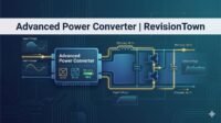 Advanced power converter educational banner for RevisionTown blog, showing a high‑efficiency AC‑DC and DC‑DC converter circuit with digital waveform overlay.