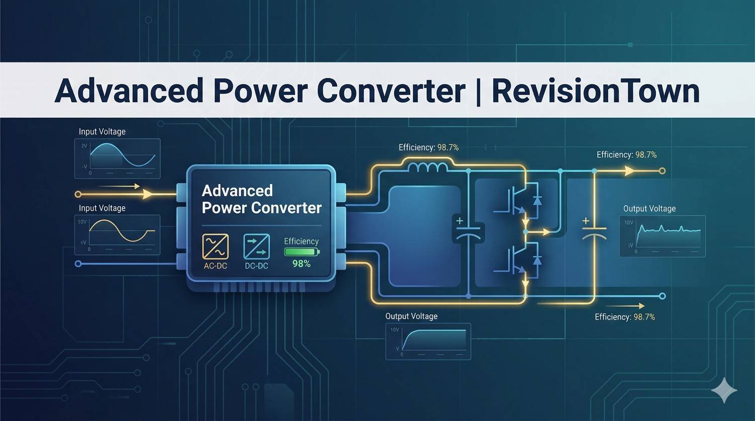 Advanced power converter educational banner for RevisionTown blog, showing a high‑efficiency AC‑DC and DC‑DC converter circuit with digital waveform overlay.