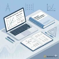 A Level Further Maths Core Pure Year 1 revision setup with textbook, laptop screen, notebook, and mathematics icons on a pastel desk