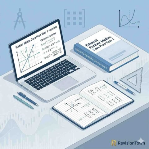 A Level Further Maths Core Pure Year 1 revision setup with textbook, laptop screen, notebook, and mathematics icons on a pastel desk