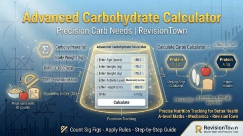 Advanced Carbohydrate Calculator interface by RevisionTown showing carb tracking charts and meal examples for precise nutrition management.