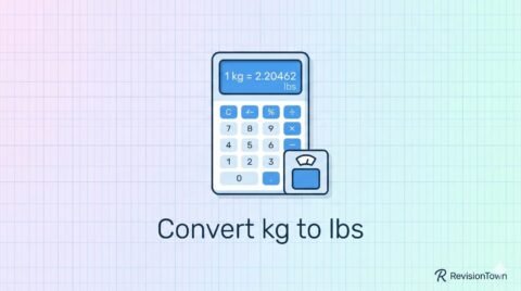 Convert kg to lbs calculator on a scale, with formula 1 kg equals 2.20462 lbs for RevisionTown weight‑conversion blog post.