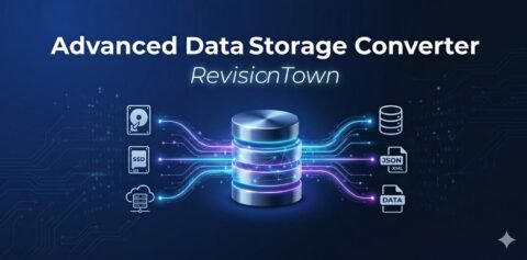 Professional 3D advanced data storage converter interface from RevisionTown showing seamless data transformation between HDD SSD cloud JSON XML formats with glowing neon streams on dark gradient background