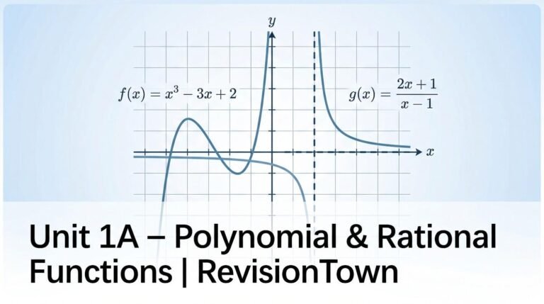 Polynomial and rational functions graph for Unit 1A revision, showing smooth curve and asymptotes on a coordinate grid.