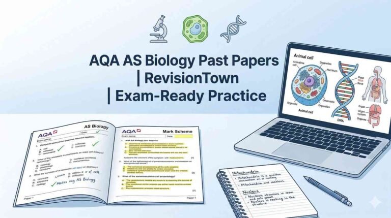 AQA AS Biology past papers and revision guide on a clean study desk for RevisionTown, with exam questions, mark schemes, and biology diagrams helping students prepare effectively.