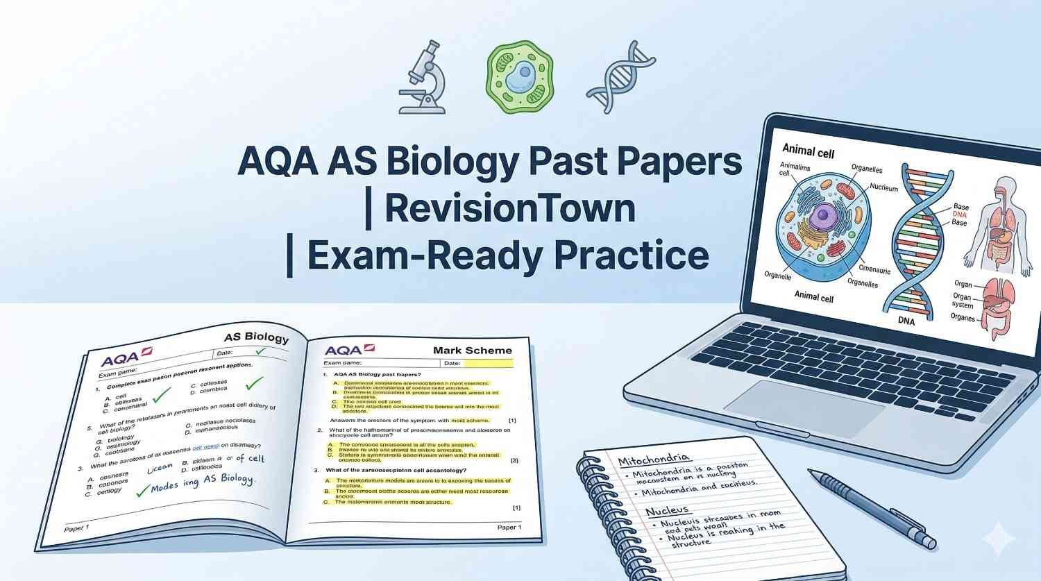 AQA AS Biology past papers and revision guide on a clean study desk for RevisionTown, with exam questions, mark schemes, and biology diagrams helping students prepare effectively.
