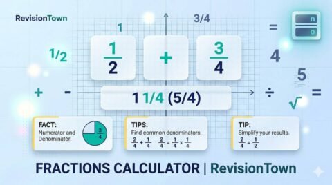 Fractions Calculator on RevisionTown — add, subtract, multiply and divide fractions online