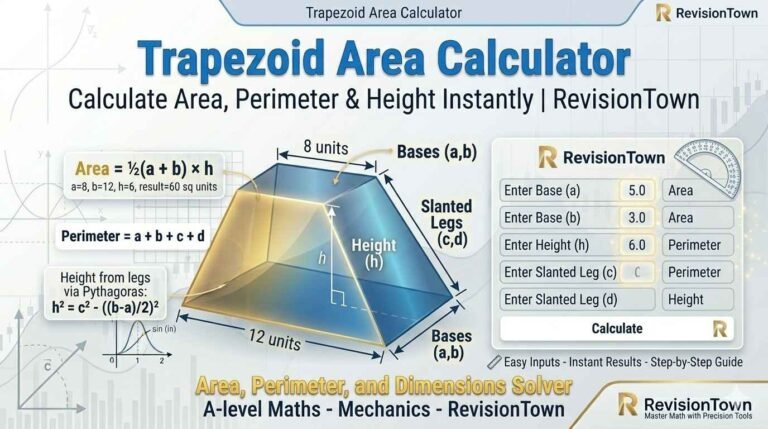 Trapezoid area calculator infographic showing formula ½(a+b)h, perimeter, height inputs for RevisionTown math tool.
