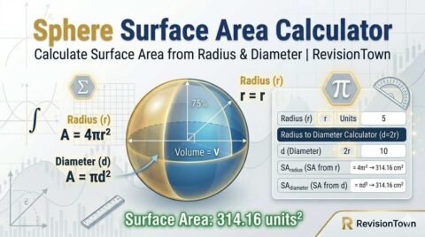 Sphere surface area calculator: compute area from radius or diameter on RevisionTown math tool.