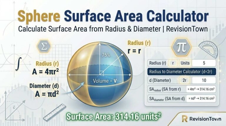 Sphere surface area calculator: compute area from radius or diameter on RevisionTown math tool.