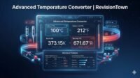 Professional Advanced Temperature Converter interface from RevisionTown showing Celsius to Fahrenheit Kelvin conversions on holographic display
