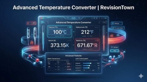 Professional Advanced Temperature Converter interface from RevisionTown showing Celsius to Fahrenheit Kelvin conversions on holographic display