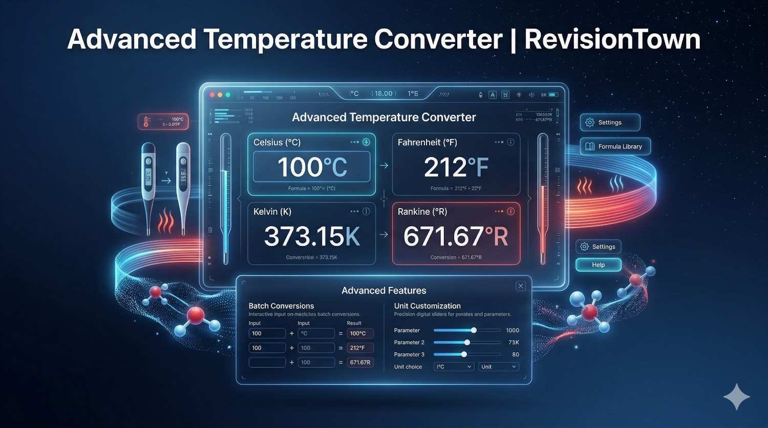 Professional Advanced Temperature Converter interface from RevisionTown showing Celsius to Fahrenheit Kelvin conversions on holographic display