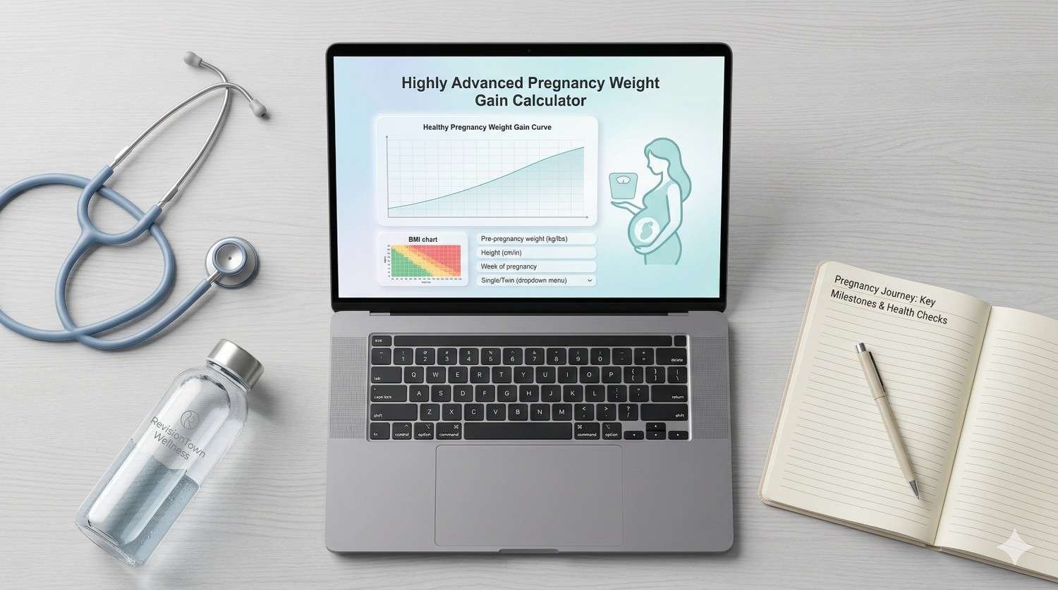 Highly advanced pregnancy weight gain calculator interface on RevisionTown showing BMI‑based healthy weight gain graph for single and twin pregnancies