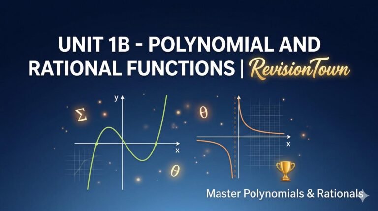 Illustration of polynomial curve and rational function graph on blue gradient background for Unit 1B RevisionTown math revision.