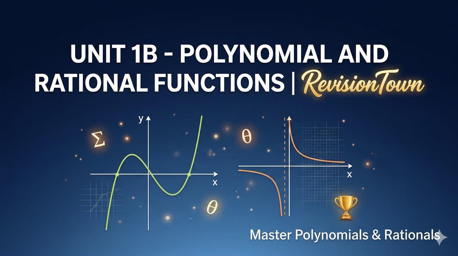 Illustration of polynomial curve and rational function graph on blue gradient background for Unit 1B RevisionTown math revision.