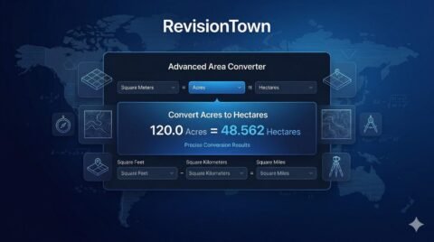 Advanced Area Converter interface on RevisionTown showing square meters to acres conversion for precise land measurements