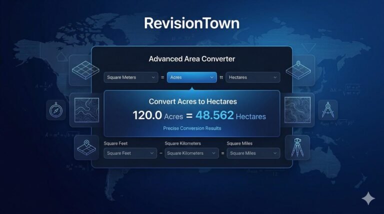 Advanced Area Converter interface on RevisionTown showing square meters to acres conversion for precise land measurements