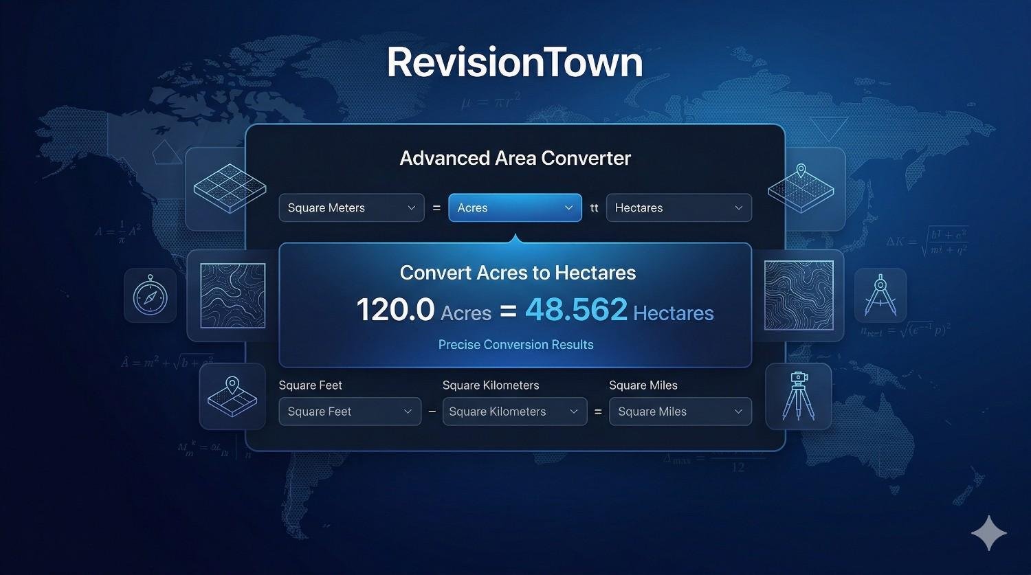 Advanced Area Converter interface on RevisionTown showing square meters to acres conversion for precise land measurements