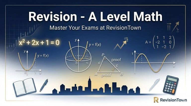Professional A Level Math revision guide feature image for RevisionTown blog, showing equations graphs and study elements on navy gradient background