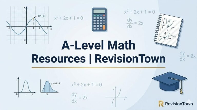 A‑Level Math Resources banner for RevisionTown featuring equations, a graph, calculator, and notebook for students revising A‑Level Maths online.