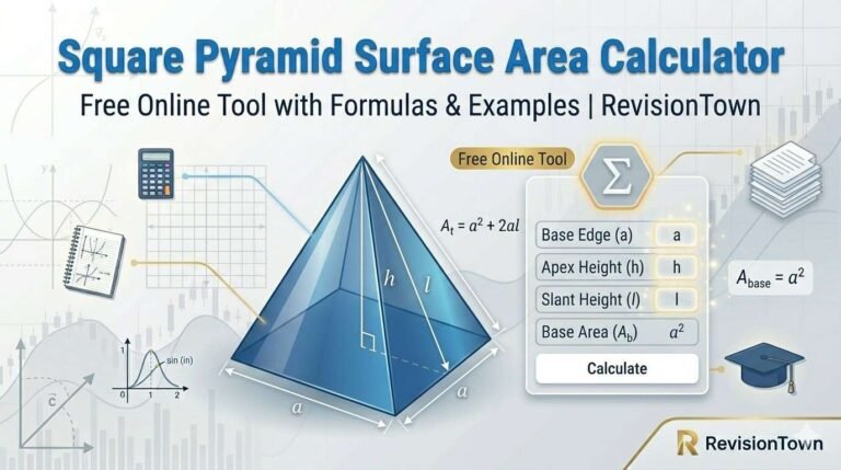 Square pyramid surface area calculator showing base edge, height, slant height, and total surface area with formulas for a free math tool on RevisionTown.