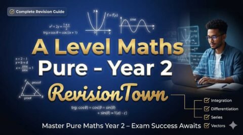 Detailed revision poster for A Level Maths Pure Year 2 at RevisionTown featuring calculus graphs, algebra equations, trigonometry icons, student studying, and exam prep checklist on dark blue gradient background.