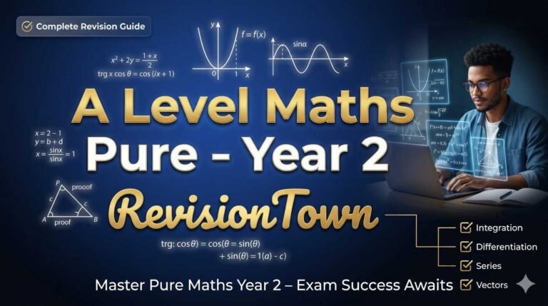 Detailed revision poster for A Level Maths Pure Year 2 at RevisionTown featuring calculus graphs, algebra equations, trigonometry icons, student studying, and exam prep checklist on dark blue gradient background.
