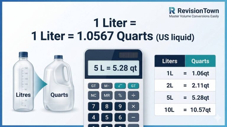Infographic showing liters to quarts conversion formula 1L=1.0567qt with RevisionTown chart for easy volume calculation
