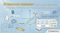 2D distance calculator showing two points on a coordinate plane with distance formula d = √((x2−x1)² + (y2−y1)²)