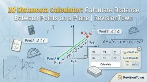 2D distance calculator showing two points on a coordinate plane with distance formula d = √((x2−x1)² + (y2−y1)²)