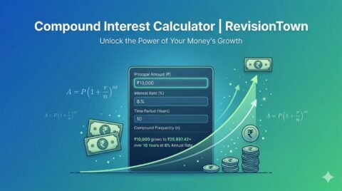 Compound interest calculator tool by RevisionTown showing investment growth graph from principal to future value