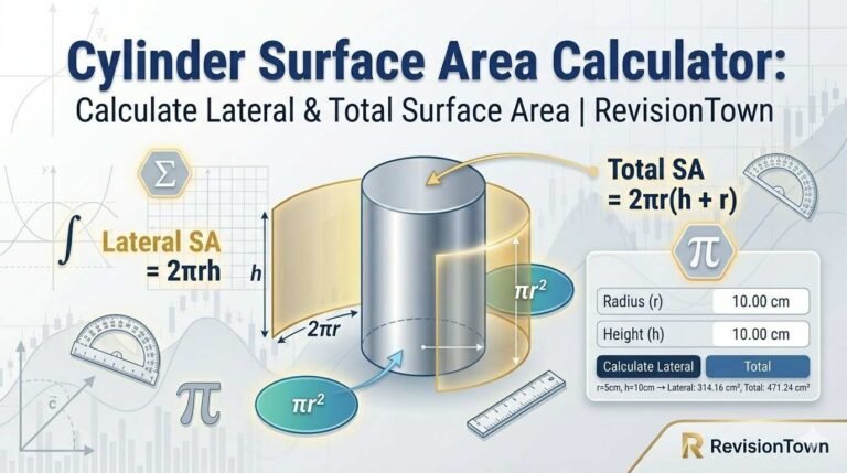Cylinder surface area calculator infographic showing lateral area (2πrh) and total area (2πr(h+r)) formulas with 3D cylinder diagram and example calculations for radius and height inputs at RevisionTown.