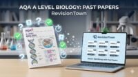 AQA A Level Biology past papers on RevisionTown platform with exam booklet, DNA helix, and study resources for effective revision