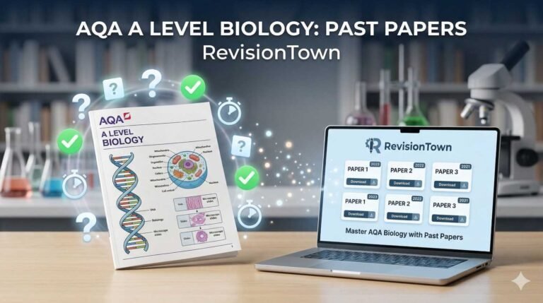 AQA A Level Biology past papers on RevisionTown platform with exam booklet, DNA helix, and study resources for effective revision