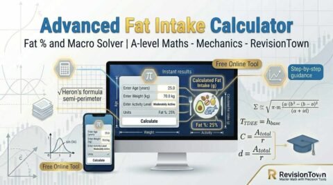 Advanced fat intake calculator dashboard showing digital interface sliders for daily fat grams, calories, and healthy‑fat food icons like avocado, nuts, and olive oil on a clean laptop screen.
