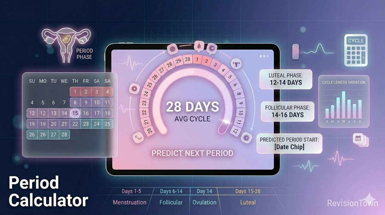 Highly Advanced Period Calculator tool on RevisionTown for accurate menstrual cycle tracking and prediction