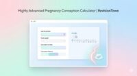 Highly Advanced Pregnancy Conception Calculator interface showing last period date, cycle length, and estimated due date fields, designed for a health blog by RevisionTown