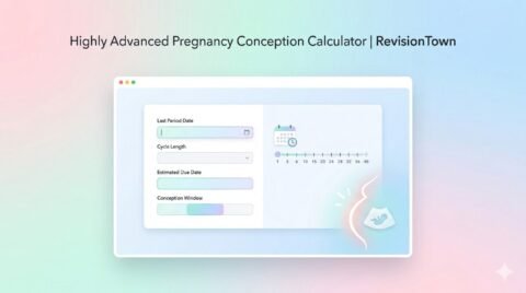 Highly Advanced Pregnancy Conception Calculator interface showing last period date, cycle length, and estimated due date fields, designed for a health blog by RevisionTown