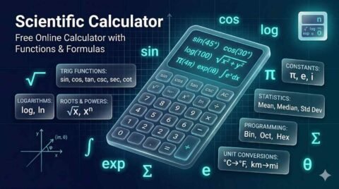 Scientific calculator online with functions – sin, cos, log, formulas | RevisionTown free tool