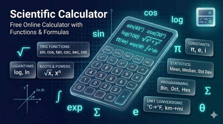 Scientific calculator online with functions – sin, cos, log, formulas | RevisionTown free tool