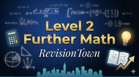 Level 2 Further Math RevisionTown featured image with equations and study icons.