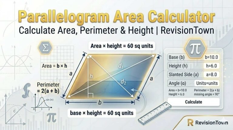 Professional infographic of Parallelogram Area Calculator showing base height area perimeter formulas for RevisionTown math tool, with 3D diagram and calculator UI.