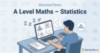 A Level Maths Statistics revision image for students showing histograms, box plots, scatter diagrams, and exam‑style formulas on a laptop and notebook at RevisionTown.