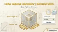Cube volume calculator showing 3D cube with formula V = a³ and side length input for revision and math practice on RevisionTown