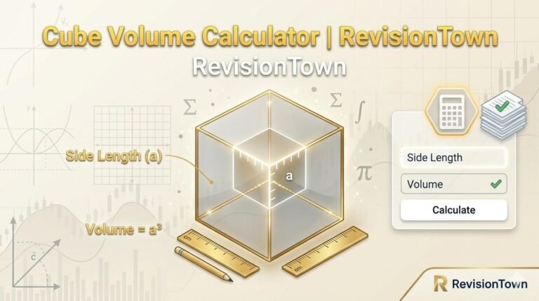Cube volume calculator showing 3D cube with formula V = a³ and side length input for revision and math practice on RevisionTown