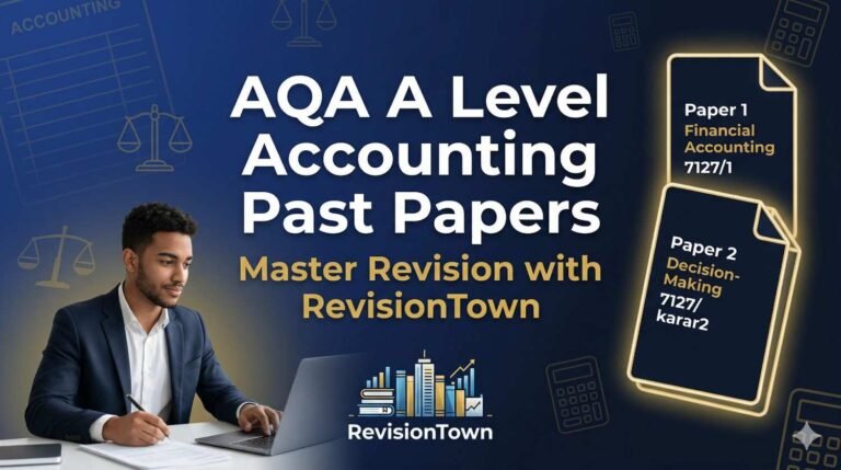 AQA A Level Accounting past papers feature banner for RevisionTown with exam papers, student studying financial accounting, and revision resources for A-level 7127 exams