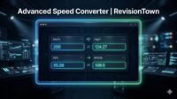 Advanced Speed Converter tool by RevisionTown showing km/h to mph real-time conversions on modern dashboard