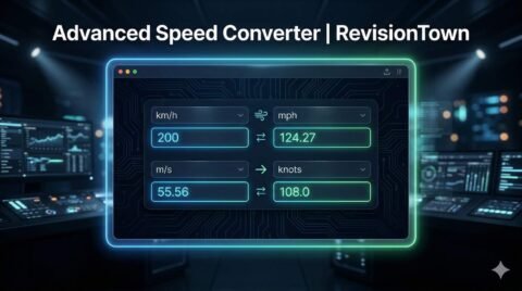 Advanced Speed Converter tool by RevisionTown showing km/h to mph real-time conversions on modern dashboard